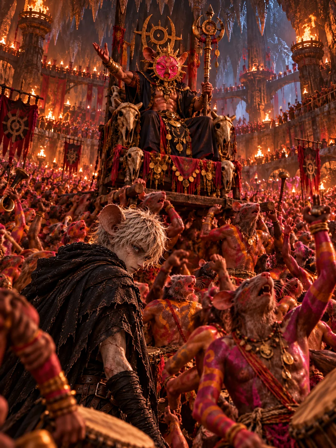 O baile dos Orkshas: milhares de Ratos pintados sob as estalactites e o Roda-Morta no trono, com a máscara da Euforia.